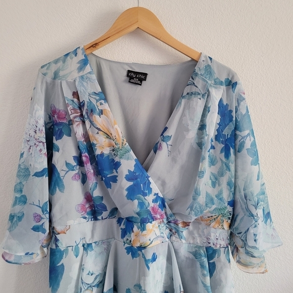 City Chic kiku floral draped chiffon vneck belted dress - Picture 3 of 13